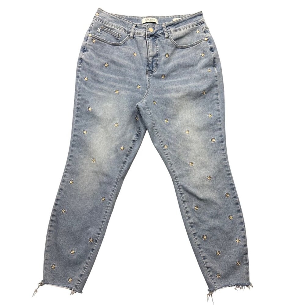 Judy Blue Skinny Fit Star Embroidered Light Wash Jeans‎ Raw Hem Stretch Size 16W